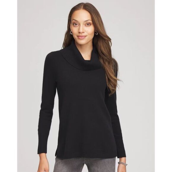 Chico’s Women’s Black Touch of Cashmere Cowl Neck Tunic Pullover Size 2 (L) NWT - Picture 1 of 15